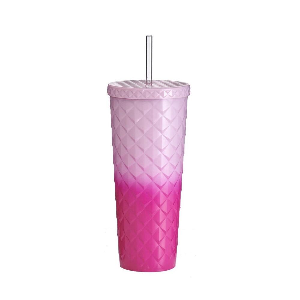 Mainstays 26oz Diamond Scale Textured Plastic Tumbler with Straw, Ombre Pink